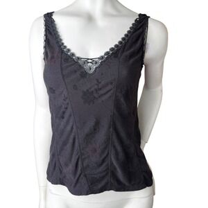 Vintage Black Vneck Tank Top Lace Trim‎ Floral Print Distressed Whimsigoth Y2K M